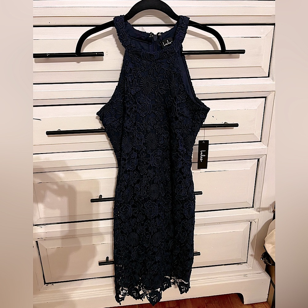 Brand new w/ tags Lulus lacy blue dress. Never been warn cocktail dress